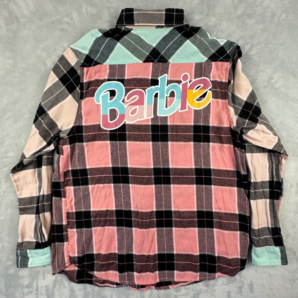 Barbie‎ Plaid Flannel Shirt Women's Pink Plaid Patchwork Long Sleeve Size Large